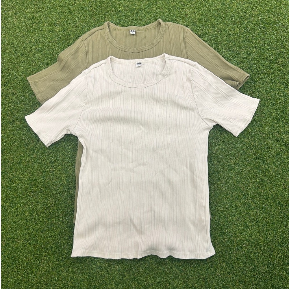 Uniqlo Ribbed Short Sleeve T-Shirt 2-Pack Olive Green Cream White Small S